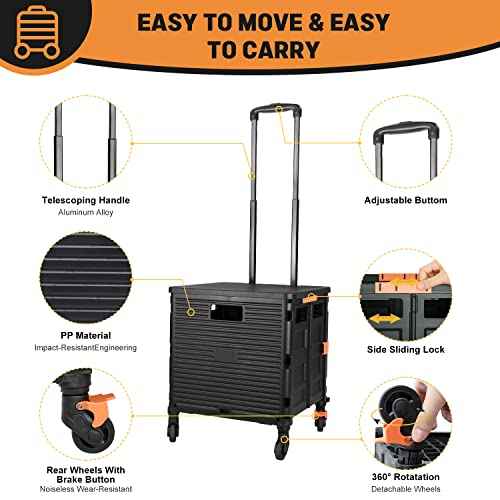 Foldable Utility Cart Folding Portable Rolling Crate Handcart Handcart Shopping Trolley Wheel Box with Lid,360¡ÆRotate Wheels,Heavy Duty Durable Dolly Cart for Teacher Tourist Shopping Office Outdoor