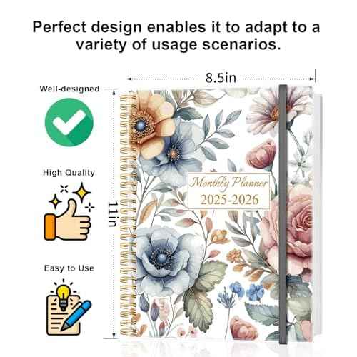 Monthly Planner 2025-2026 - Monthly Calendar from November 2025 to December 2026, 2025-2026 Planner with Inner Pocket, Elastic Band, 8.5" x 11", Color Large Flower