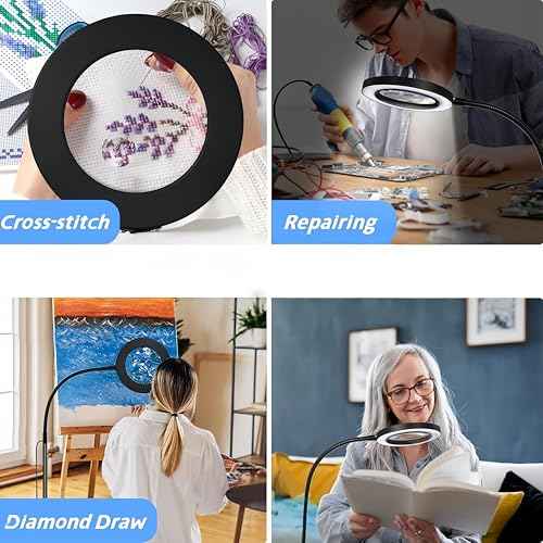 10X Magnifying Glass with Light Three Color Temperature LED Adjustable Height Floor Lights Suitable for Reading, Handicrafts, and Jewelry Merchants