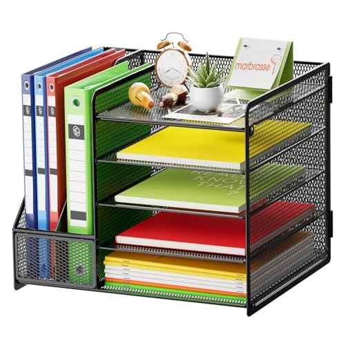 Marbrasse Desk Organizer with File Holder, 5-Tier Paper Letter Tray Organizer, Mesh Desk Organizers and Accessories with Magazine Holder, Desktop Storage for Office Supplies (Black)