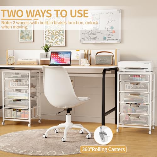Utility Cart with 5 Drawers, Rolling Storage Cart with Wooden Tabletop and Lockable Wheels, Storage Drawer Cart Craft Cart for Bedroom, Classroom, Home, Office, White