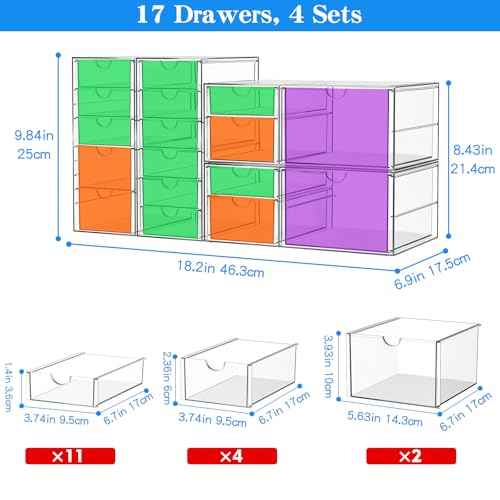 Makeup Acrylic Organizer with 17 Drawers(4 Sets), Desk Organizers and Accessories, Clear Makeup Organizer, Dustproof Storage Drawers for Office Art Craft Supplies