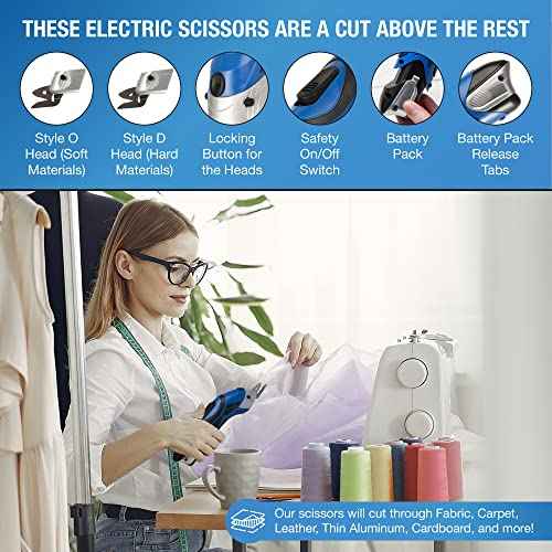 Cordless Electric Scissors for Cutting Fabric - Multifunctional Craft & Cardboard Scissors With Stainless Steel Blades & Replacement- 3.6V Lithium Ion Battery - Includes Charging Cable - Blue/Black