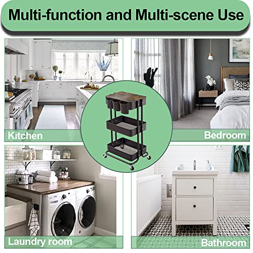 3-Tier Metal Utility Rolling Cart Storage Side End Table with Cover Board and Handle for Office Home Kitchen Organization, Black