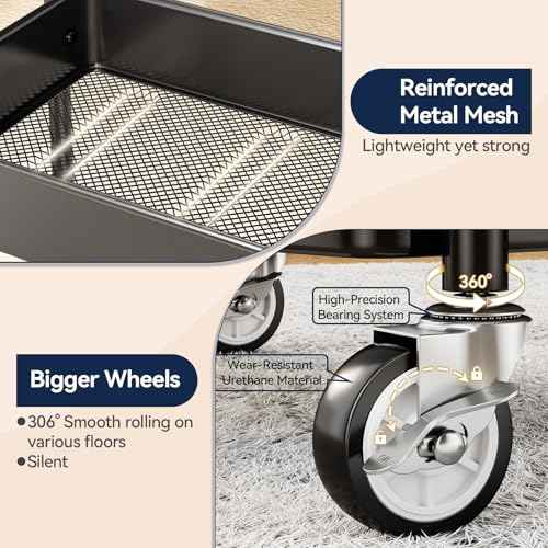 YASONIC 3 Tier Rolling Cart - Metal Utility Cart with Wheels, Hanging Cups, Hooks, Heavy Duty Mesh Rolling Storage Cart Organizer, Craft Cart for Kitchen Office, Lightweight and Sturdy