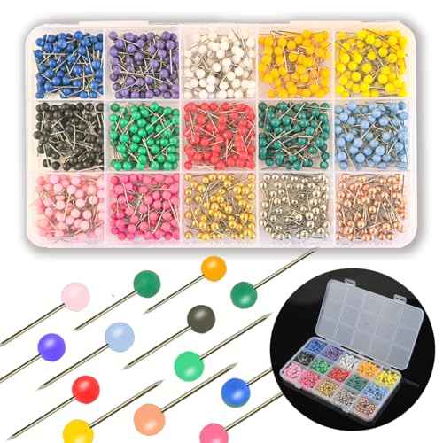 1000 PCS Push Pins Map Tacks,Multi-Color 1/8" Round Head with Stainless Point,15 Assorted Colors for Bulletin Board, Cork Board, World Map Pin Board, Fabric Marking, Craft, Office