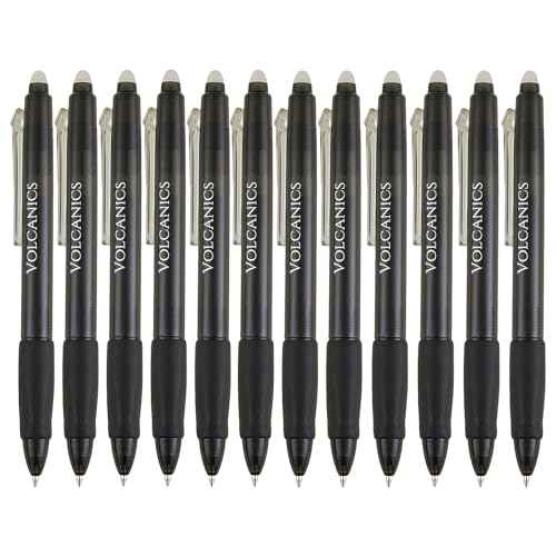 Volcanics Retractable Erasable Gel Pens Black 12 Pack, Click Erasable Gel Ink Pens for Smooth Writing & Easy Erasing, Refillable Erasable Click Pens for School Office Supplies