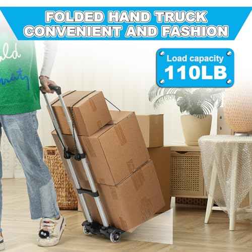 Small Folding Hand Truck Dolly with 2 Wheels, Lightweight Aluminum Foldable Luggage Cart, Collapsible Cart Portable Dolly for Airport Travel Moving Use