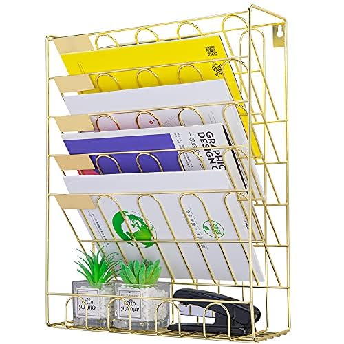 Spacrea Hanging File Holder Organizer - 6 Tier Wall Mount File Organizer for Women, Hanging Wall File for Office, School or Home, Bright Gold