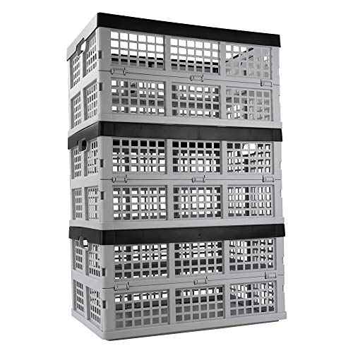 34 L Foldable Plastic Collapsible Crate, Stackable Storage Crate, 3 Packs