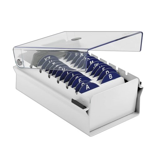 Acrimet Index Business Card Size File Holder Organizer Box Metal Base Heavy Duty (AZ Index Cards and Divider Included) (White Color with Clear Crystal Plastic Lid Cover)