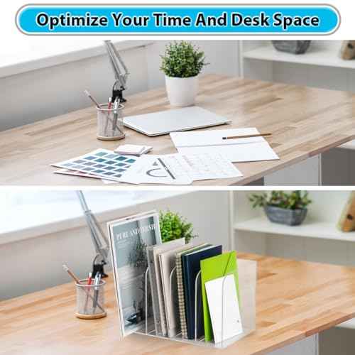 Acrylic Magazine File Holder, Vertical Desk Organizer File Sorter with 4 Compartments, Clear Mail Organizer Office Organization Storage Bins Holding for Magazine, Binder, Books