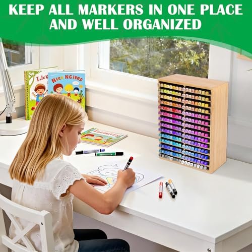 Bamboo Marker Organizer for 252 Markers, Large Wood Alcohol Marker Storage Rack Pencil Holder for Kids Classroom Desk