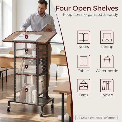 MAHANCRIS Rustic Brown & Black Podium Stand with Locking Wheels, 4-Tier Lectern