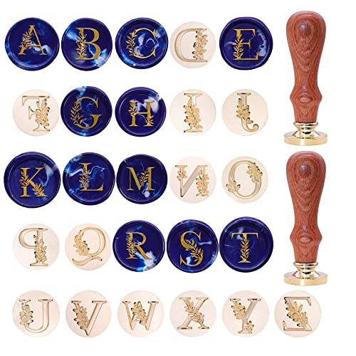 SWANGSA Initial Alphabet Wax Seal Stamp Kit, Vintage Botanical Leaves 26 Letters A-Z Sealing Stamp with 2pcs Wooden Handles for Wedding Party Invitation, Gift Wrap, Envelope, Christmas Card (A-Z Set)