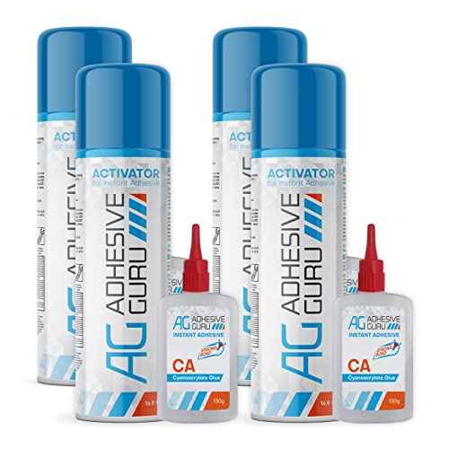 Adhesive Guru CA Glue with Activator for Woodworking (4 x 4.5 oz - 4 x 16.9 fl oz) Cyanoacrylate Glue for Metal, Plastic, Rubber, DIY, Crafts, Fast Bond Repairs (4 Pack)