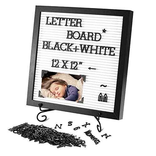 NewZeal Letter Board Sign 12x12 inches Baby Announcement Board Plastic Message Board with Stand, Changeable Letter Boards with Black Characters & Photo Clips for Display (Black & White)