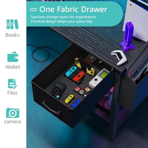 Lufeiya L Shaped Gaming Desk with Fabric Drawers and Storage Shelves, 47 inch Home Office Desk with Monitor Stand, Computer Desk with LED Lights and Power Outlets, Black