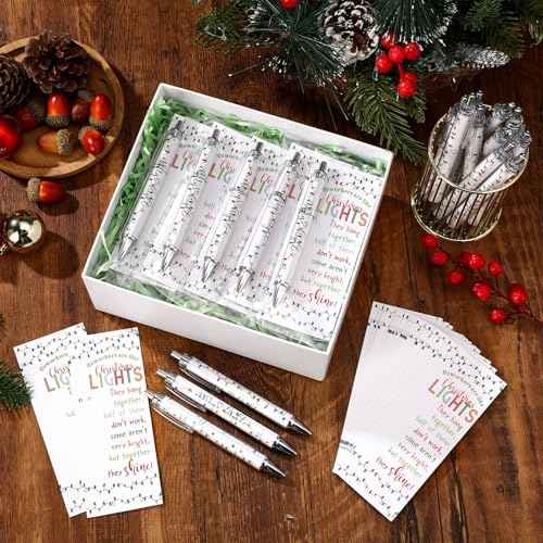 100 Sets Coworker Christmas Gift Bulk Employee Appreciation Ballpoint Pen with Inspirational Coworkers Are Like Christmas Light Cards for Office Staff Team Teacher