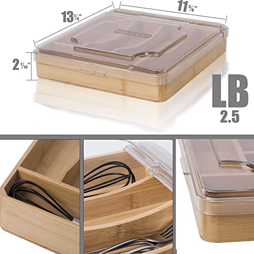 Kitchen Drawer Organizer, 13 Inch Silverware Utensil Tray Holder,with Removable Lid, 5 Slots Total Bamboo Wood Caddy for Flatware Cutlery Knives, Forks, Spoons.