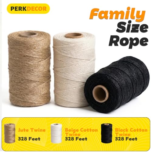 PerkDecor 3-Roll Twine & Rope Bundle – Natural Jute + White & Black Cotton 2mm (328ft x3) Crafting
