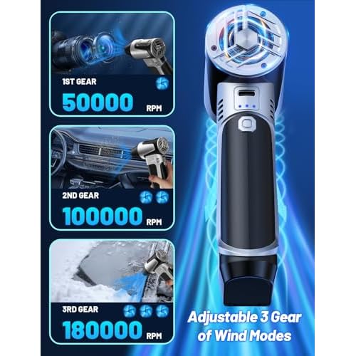 Compressed Air Duster Electric Air Duster Blower Rechargeable 180000RPM with 3 Gear Adjustable Compressed Air Blower Mini Blower Electric for Keyboard PC Home Cleaning Outdoor Car Cleaning