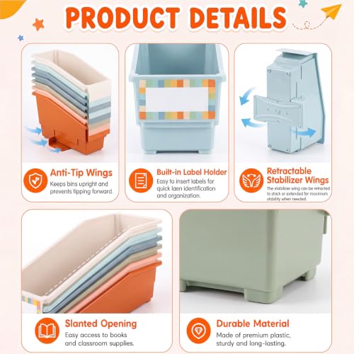 Geetery 12 Pack Non-Tip Book Bins with Stabilizer Wings, Labels, Earth Tone