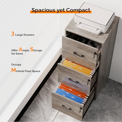 VINGLI 3 Drawer Lockable File Cabinet for Office & Home Storage