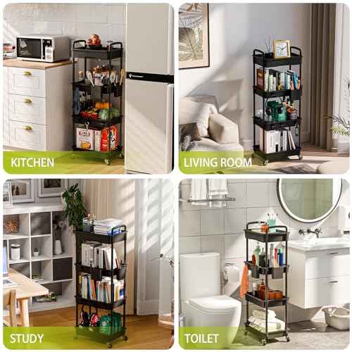 4 Tier Rolling Cart Organizer,Art Craft Diaper Bedside Snack Laundry Room Bathroom Organizer Narrow Thin Slim Rolling Trolley Utility Cart with Wheels for Kitchen,Office(Black)