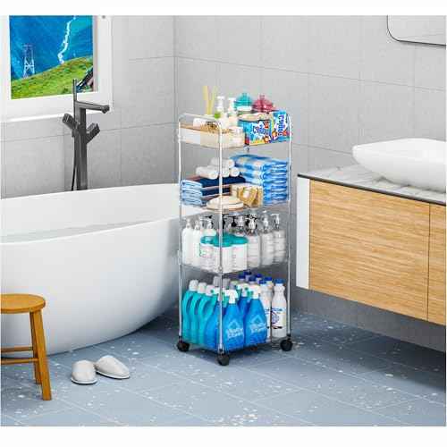 Yieach 4 Tier Acrylic Clear Rolling Cart with Wheels,Plastic Storage Cart on Wheels for Bedside,Dorm Room,Bathroom Organizers and Storage Shelf,Utility Cart Organizer for Snack,Craft,Art,Makeup,Baby