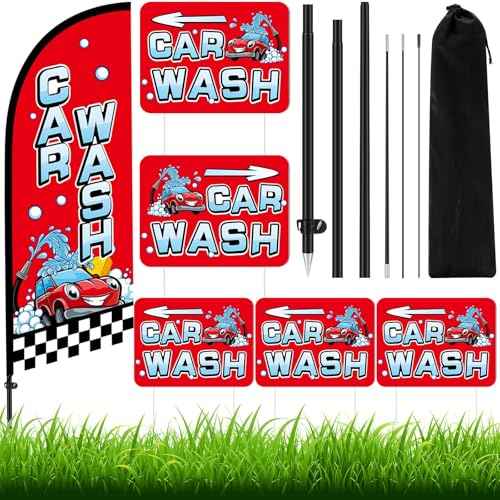 Car Wash Feather Flag Pole Kit Include 7 ft Banner Flag with Poles 5 Pcs Car Wash Sign and 10 Pcs Ground Stake for Outside Business Stores Shops Decoration