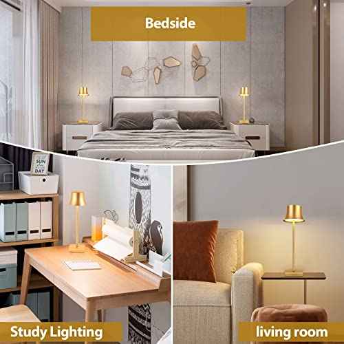 LED Desk Lamp Cordless Table Light, Rechargeable Battery Powered 3 Levels Brightness Dimmable for Outdoor Modern Restaurant Dining Bedroom Study Portable Lights Set of 2 Pack Gold