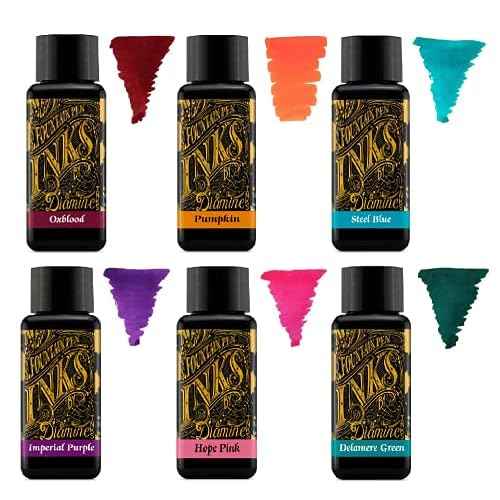 Diamine - 30ml Fountain Pen Ink - Colour Wheel - 6 x Bottles - Oxblood, Pumpkin, Steel Blue, Imperial Purple, Hope Pink, Delamere Green