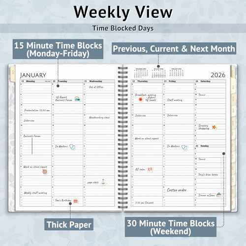 CRANBURY Daily Planner 2026, 8.5x11 Appointment Book, Jan to Dec 2026, 15-Min Hourly Scheduler, Large Planner Book with Colorful Tabs, Premium Paper (Floral)