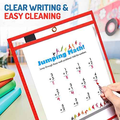 Dry Erase Pockets 50 Pack - 10 x 13 Reusable Dry Erase Pocket Sleeves for Work & School Worksheets - Heavy Duty Clear Pocket Sleeves - Quickly Wipe to a Flawless Clean (Multicolor)