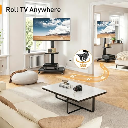 Perlegear Black Mobile TV Stand for 32-75 Inch TVs with Power Outlet & Adjustable Height