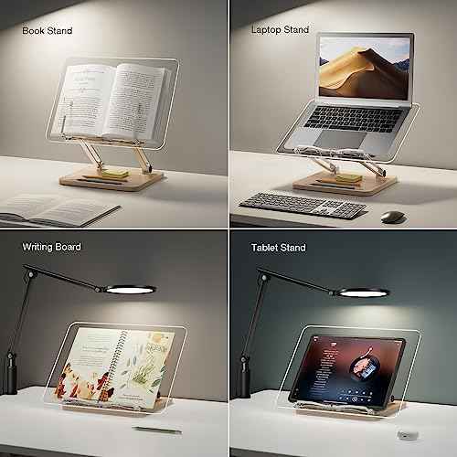 Adjustable Acrylic Book Stand for Reading, Book Holder with Pen Slot, Foldable Desktop Riser for Laptop, Recipe, Textbook - Hands-Free,Cookbook Stand, Clear Design with Page Clips