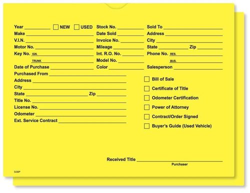 Printed Vehicle Deal Jackets Envelopes Folders for Auto Car Dealerships - 9x12 Size - Dealer Supplies - New and Used Cars - 100 Quantity (Yellow)