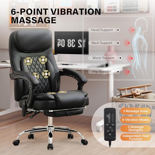BIGGARSIT Black 500Lbs Ergonomic Massage Office Chair with 6-Point Vibration & Heat — Reclining, Big & Tall PU Leather