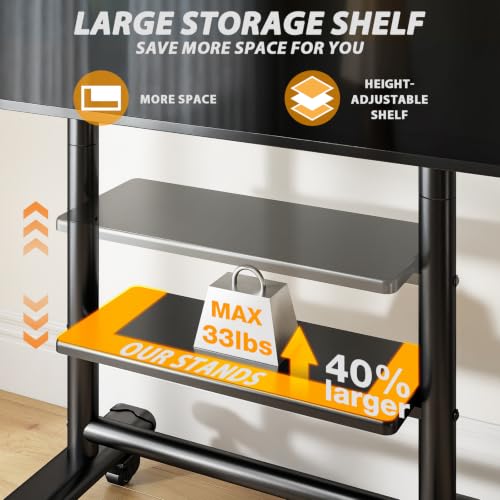 Heavy Duty Rolling TV Stand for 50-98 Inch TVs, Holds up to 200 Lbs — TVON with 1 Shelf, Mobile TV Cart
