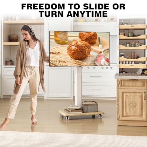 TVON 32-70 inch Rolling TV Stand with Wooden Base, White (Swivel 30°, 9-Height, Cable Management)