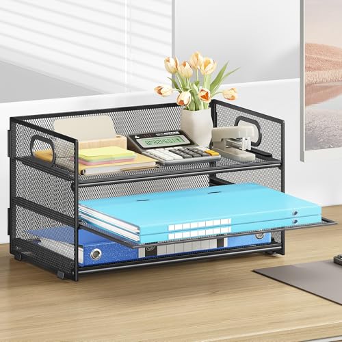 SUBEKYU 3-Tier Paper Letter Tray Organizer, Black Mesh Desk File Holder, 12.6x9.1x8.1 Inches