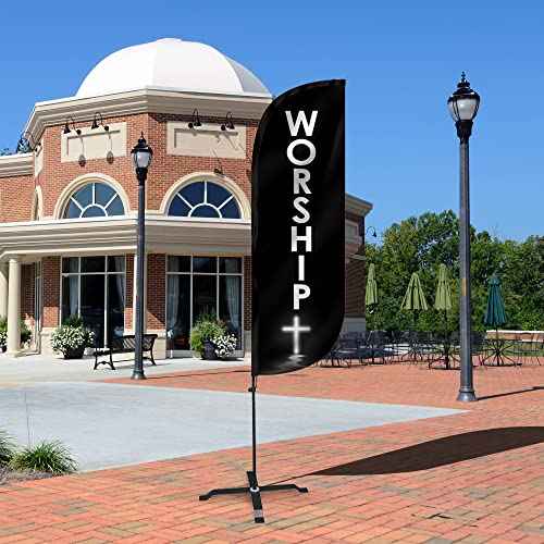 LookOurWay Feather Flag Set - 5ft Tall Advertising Banner Flag with Pole Kit and X-Stand for Business Promotion - Worship Church