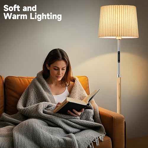 Floor Lamps for Living Room, 61" Natural Wood Floor Lamp with Remote & Touch Control, Stepless Dimmable, Modern Farmhouse Standing Lamp with Double-Layer Pleated Lampshade for Bedroom Office