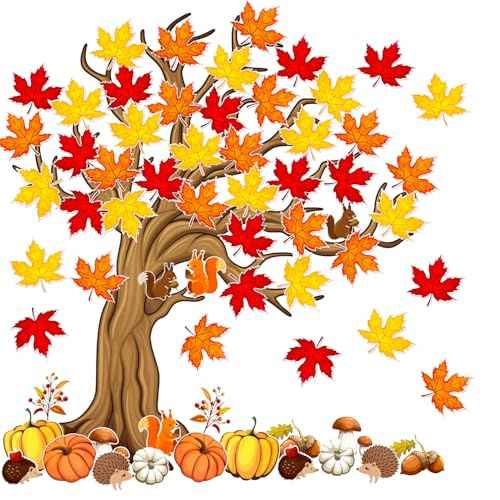 4FT Fall Bulletin Board Decorations Fall Classroom Tree Decorations Large Trees and Pumpkin Maple Leaf Animals Suitable for School Bulletin Boards and Autumn Decorations