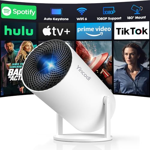 YINCODI White Mini 1080P WiFi Bluetooth Projector with Android TV, 180° Rotation