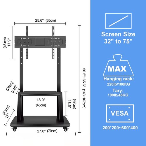 Hellsehen Mobile TV Stand,Rolling TVs Cart on Wheels Height Adjustable Heavy-Duty Floor Stand Base for 32-75 Inch LCD LED OLED Flat Panel Screens Smartboard Movable Holds up to 100lbs with Shelf