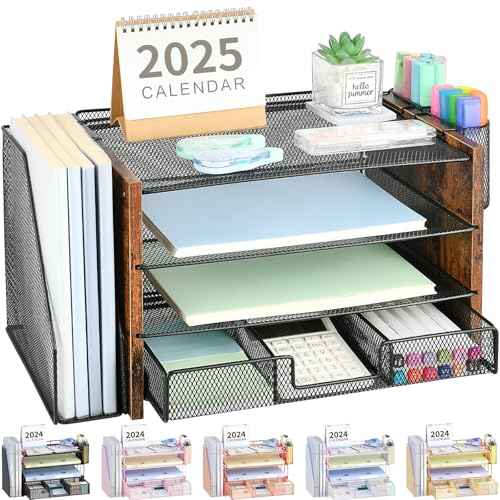 Desk Organizer and Accessories, 4-Tier Desktop File Organizer with Drawer and 2 Pen Holders, Office Desk Accessories for Office Supplies(Wood)