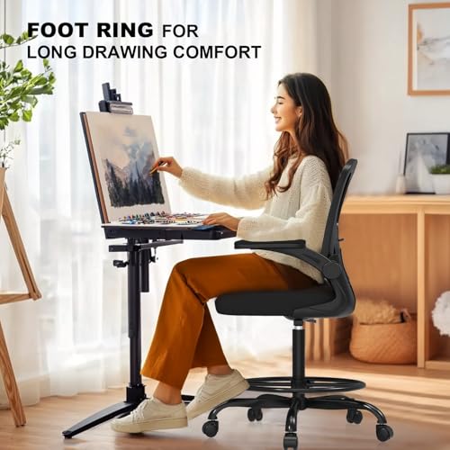 Synorla Ergonomic Drafting Chair with Mesh Back & Flip-Up Arms - Adjustable Office Stool