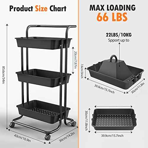 3-Tier Rolling Utility Cart with Wheels, Multi-Function Storage Cart with Lockable Wheels and Mesh Basket, Perfect for Use in Your Kitchen, Bathroom or Living Room or Balcony,Black